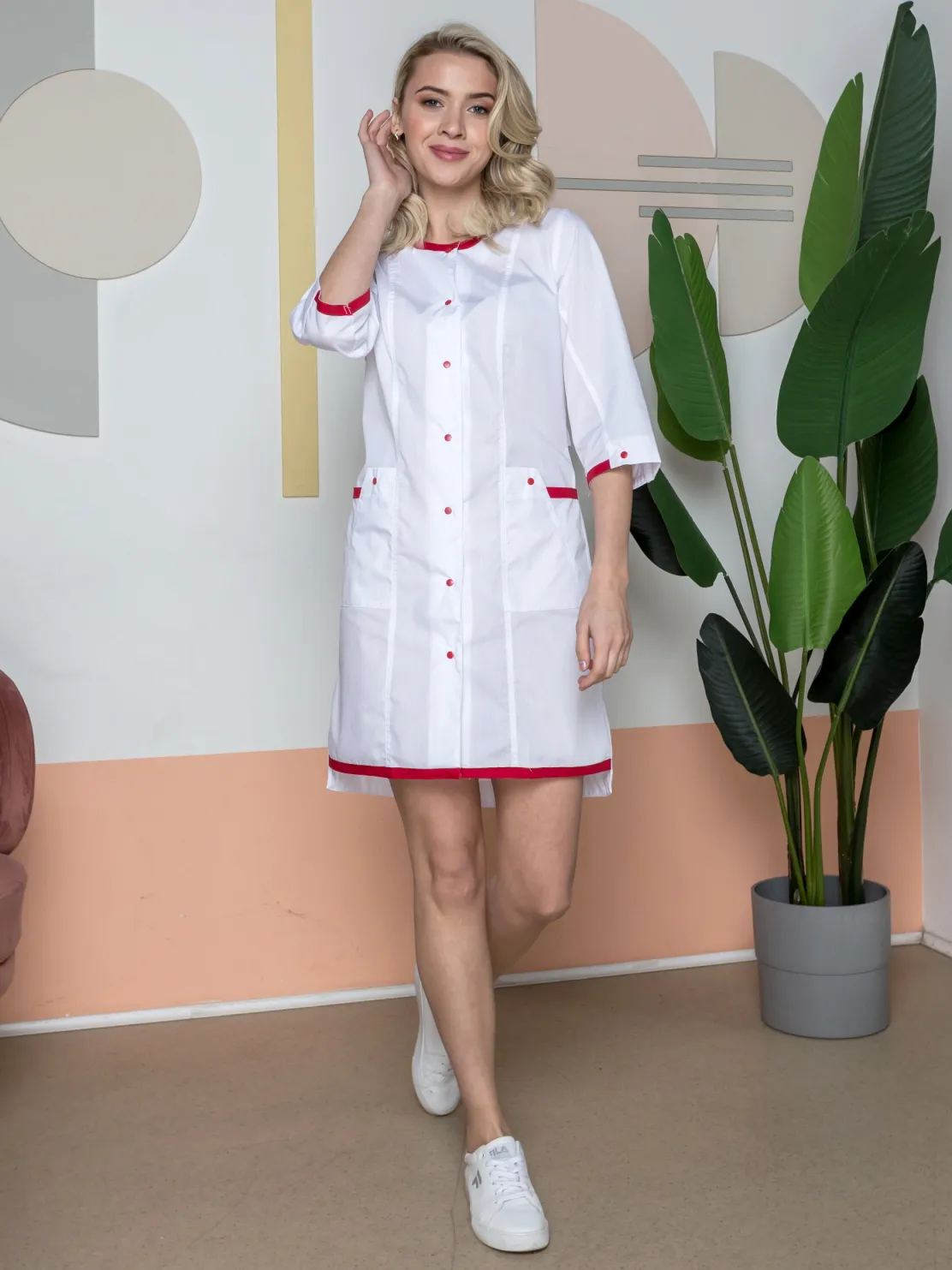 фото халат женский симпл-003 (тк.смесовая,120) medline, белый/красный