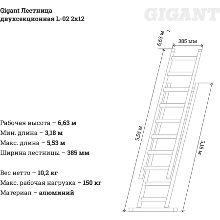 фото двухсекционная лестница gigant l-02 2х12 6,63 м